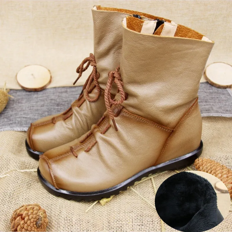 Vintage Leather Martin Boots Warm Chunky Heel Soft Sole Women's Boots