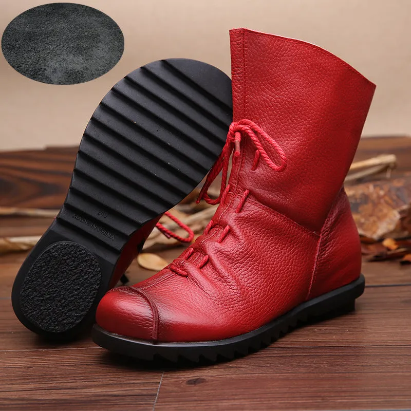 Vintage Leather Martin Boots Warm Chunky Heel Soft Sole Women's Boots