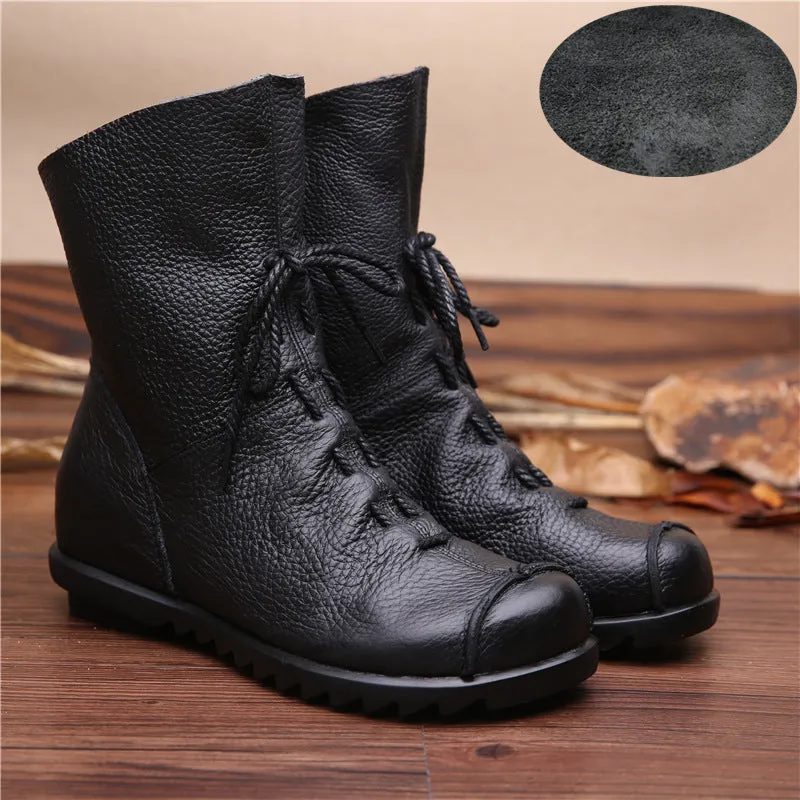 Vintage Leather Martin Boots Warm Chunky Heel Soft Sole Women's Boots