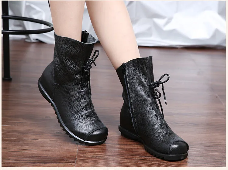 Vintage Leather Martin Boots Warm Chunky Heel Soft Sole Women's Boots