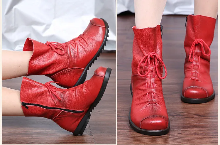 Vintage Leather Martin Boots Warm Chunky Heel Soft Sole Women's Boots