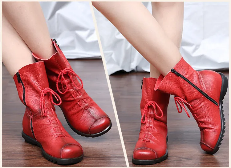 Vintage Leather Martin Boots Warm Chunky Heel Soft Sole Women's Boots