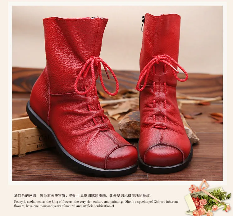 Vintage Leather Martin Boots Warm Chunky Heel Soft Sole Women's Boots