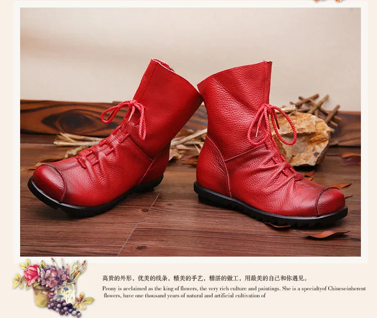 Vintage Leather Martin Boots Warm Chunky Heel Soft Sole Women's Boots