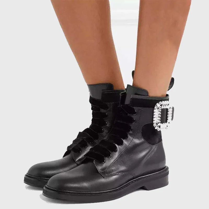 Winter Warm Plush Boots Combat Leather Ankle Boots Women Rhinestone Buckle Embellished Black Leather Round Toe Motorcycle Boots