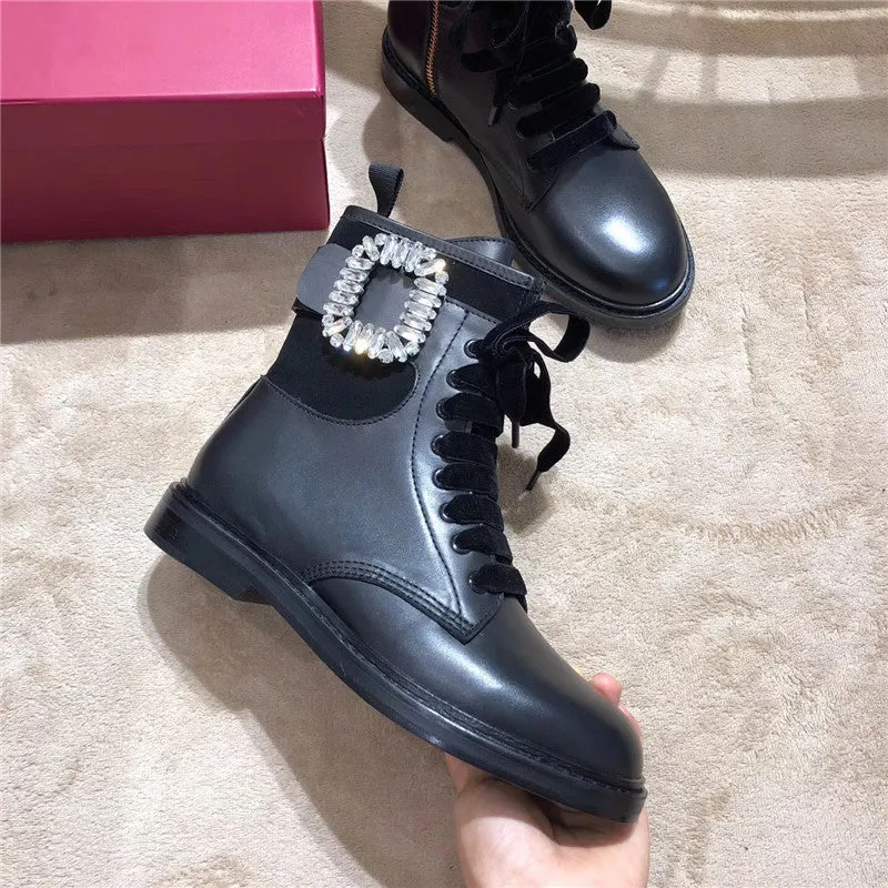 Winter Warm Plush Boots Combat Leather Ankle Boots Women Rhinestone Buckle Embellished Black Leather Round Toe Motorcycle Boots