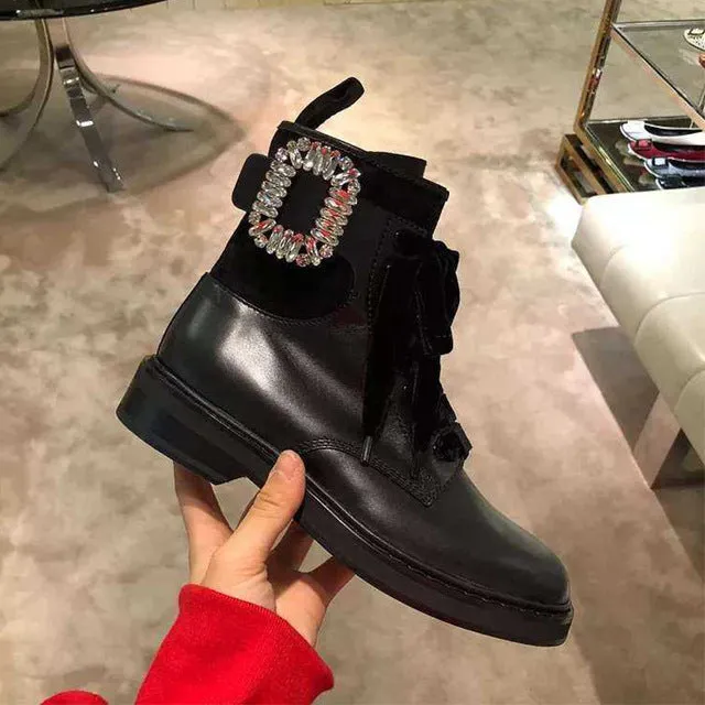 Winter Warm Plush Boots Combat Leather Ankle Boots Women Rhinestone Buckle Embellished Black Leather Round Toe Motorcycle Boots