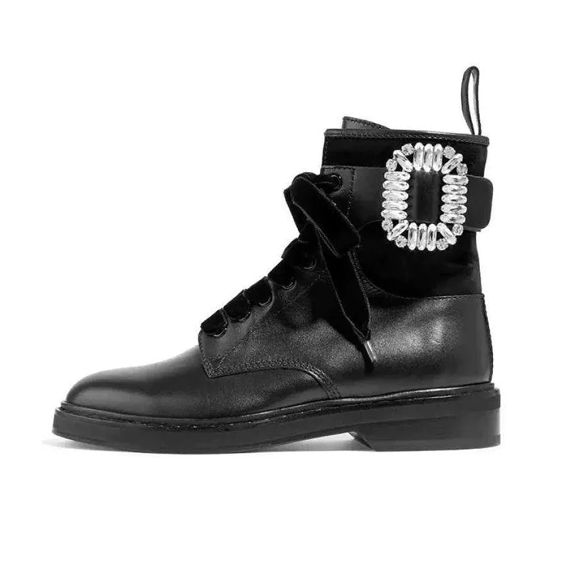 Winter Warm Plush Boots Combat Leather Ankle Boots Women Rhinestone Buckle Embellished Black Leather Round Toe Motorcycle Boots