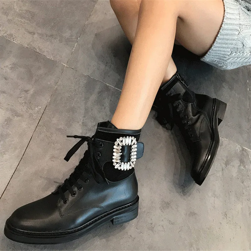 Winter Warm Plush Boots Combat Leather Ankle Boots Women Rhinestone Buckle Embellished Black Leather Round Toe Motorcycle Boots