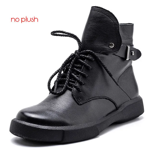 Women Ankle Boots Genuine Leather Short Plush Warm Ladies Short Booties Motorcycle Boots Woman Black Fashion Shoes