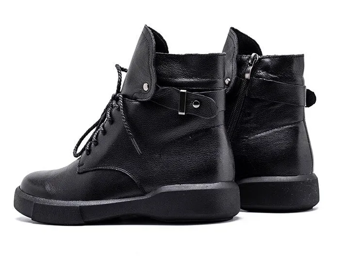 Women Ankle Boots Genuine Leather Short Plush Warm Ladies Short Booties Motorcycle Boots Woman Black Fashion Shoes
