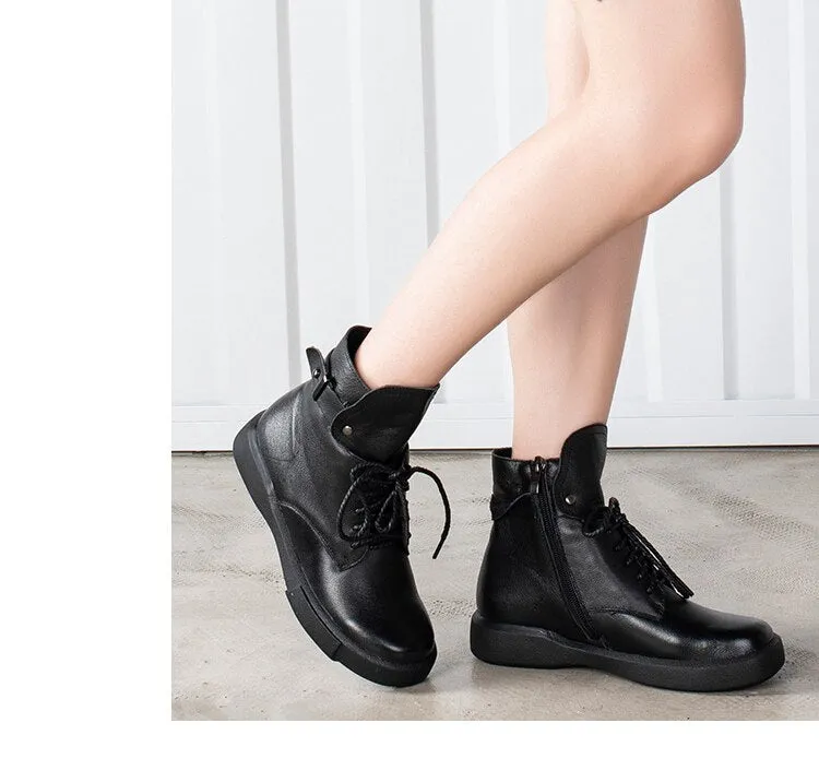 Women Ankle Boots Genuine Leather Short Plush Warm Ladies Short Booties Motorcycle Boots Woman Black Fashion Shoes