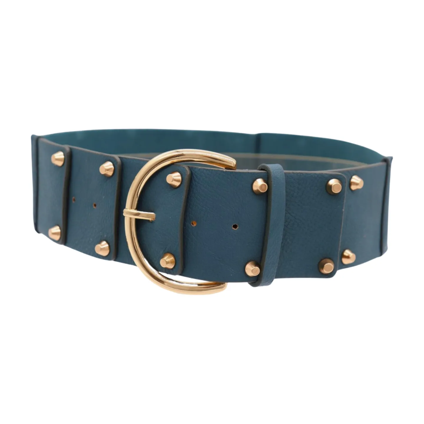 Women Blue Faux Leather Elastic Band Fashion Belt Gold Metal Buckle Studs S M