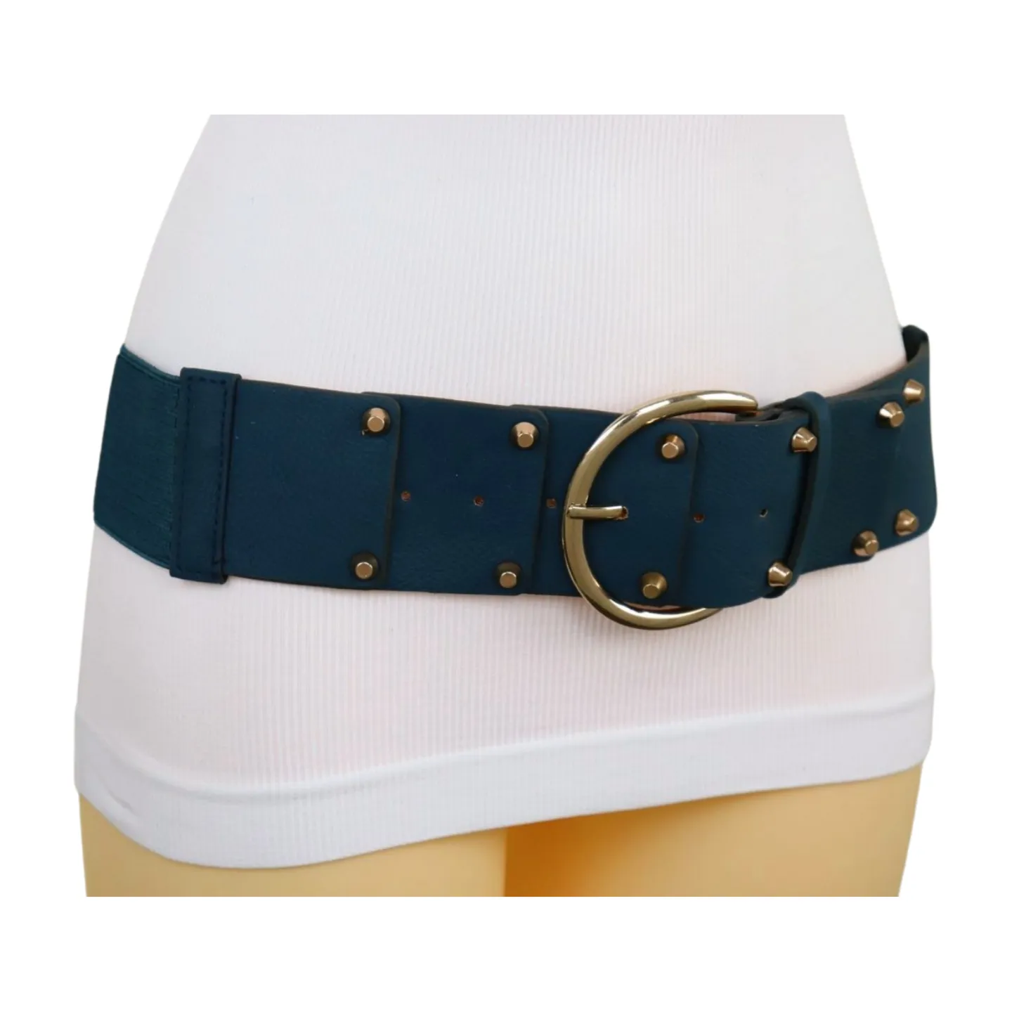 Women Blue Faux Leather Elastic Band Fashion Belt Gold Metal Buckle Studs S M