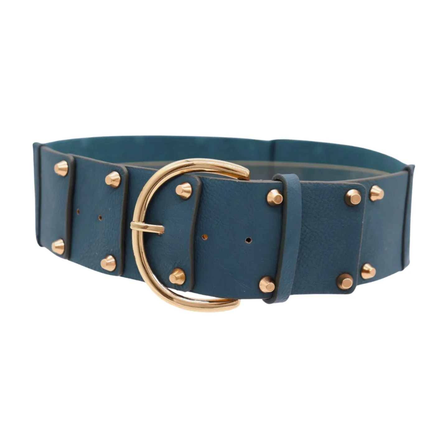 Women Blue Faux Leather Elastic Band Fashion Belt Gold Metal Buckle Studs S M