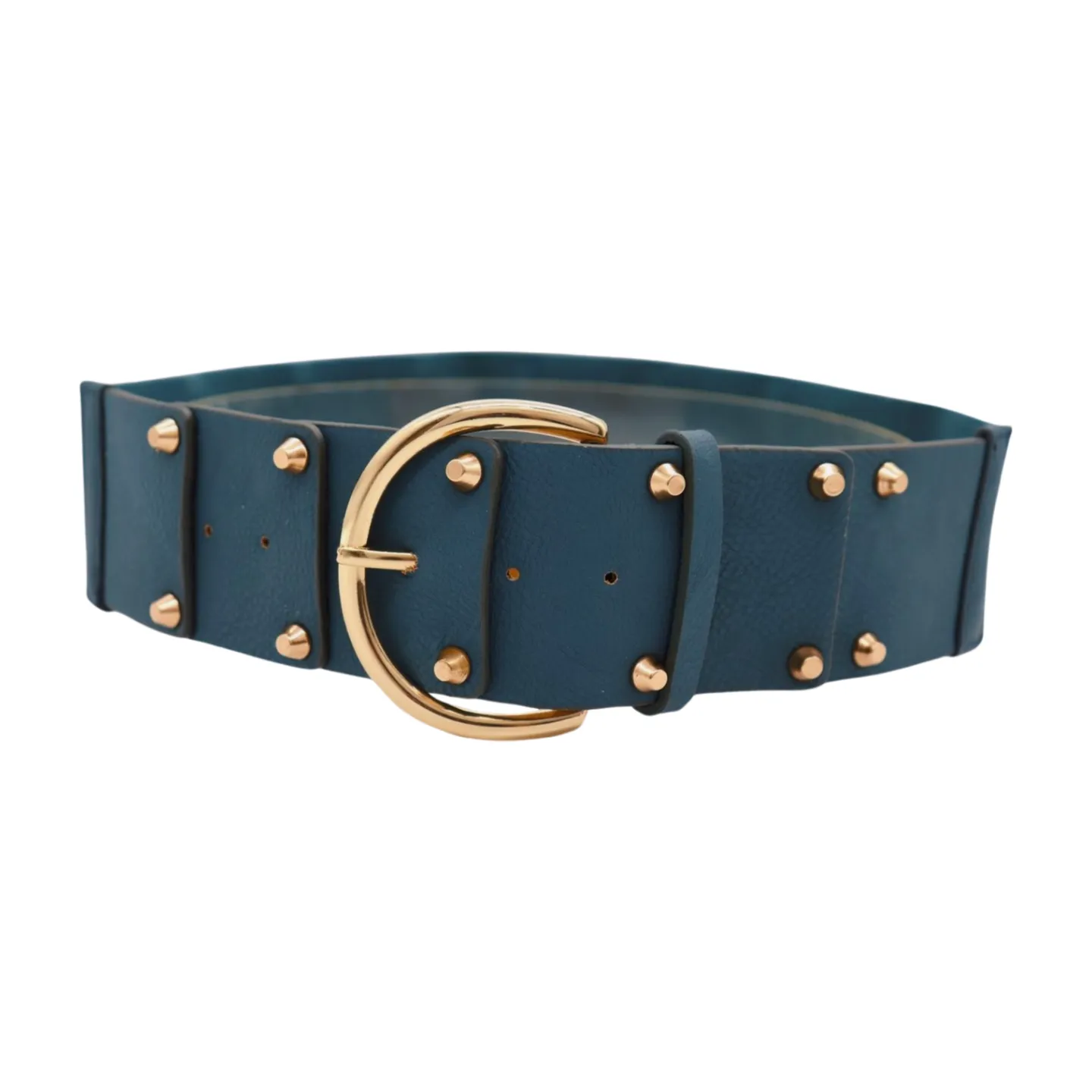 Women Blue Faux Leather Elastic Band Fashion Belt Gold Metal Buckle Studs S M