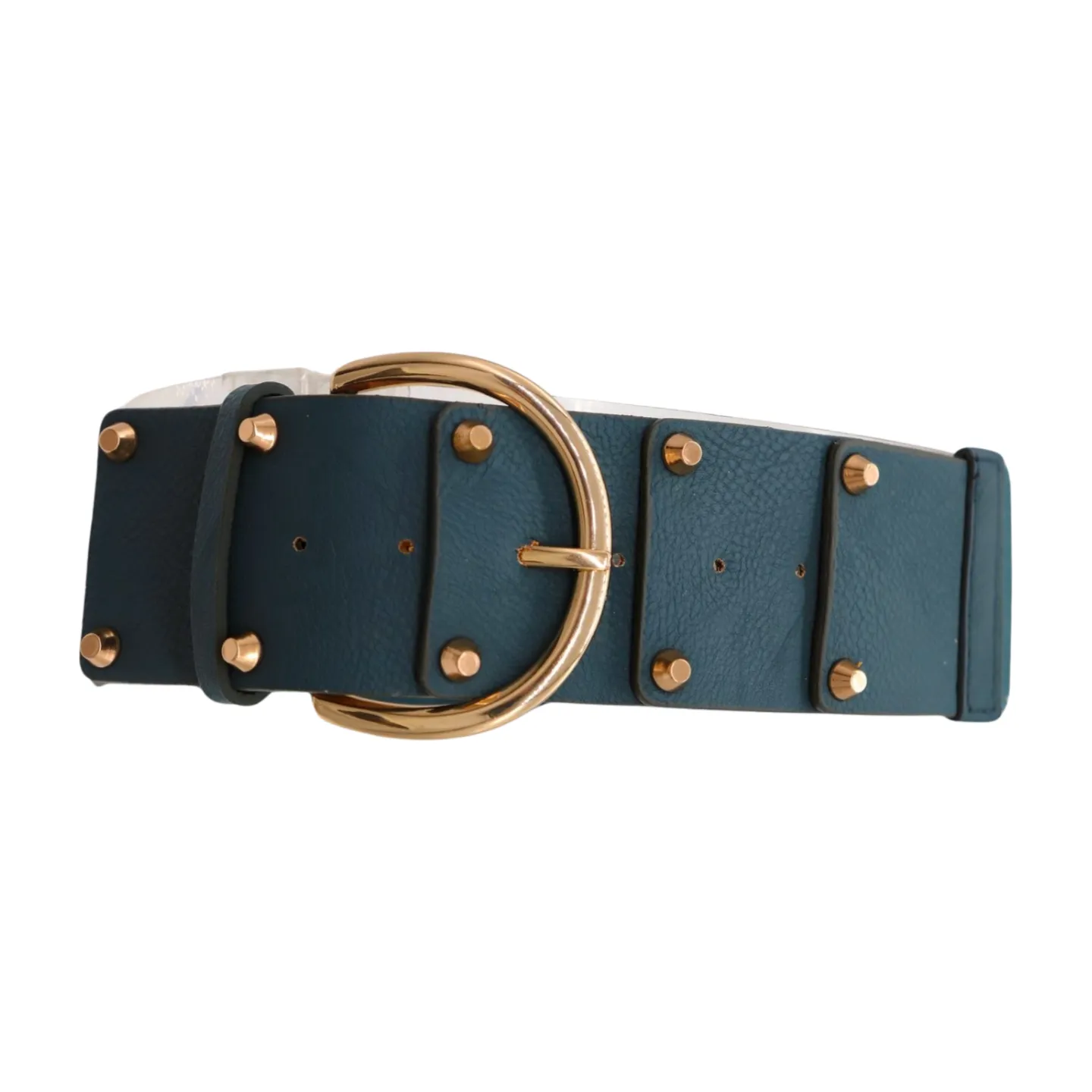 Women Blue Faux Leather Elastic Band Fashion Belt Gold Metal Buckle Studs S M