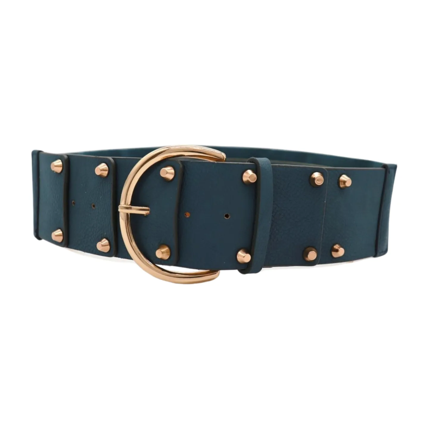 Women Blue Faux Leather Elastic Band Fashion Belt Gold Metal Buckle Studs S M