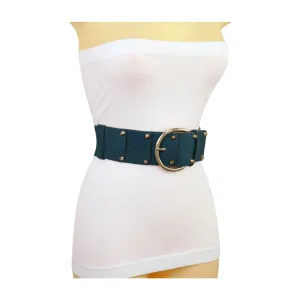 Women Blue Faux Leather Elastic Band Fashion Belt Gold Metal Buckle Studs S M