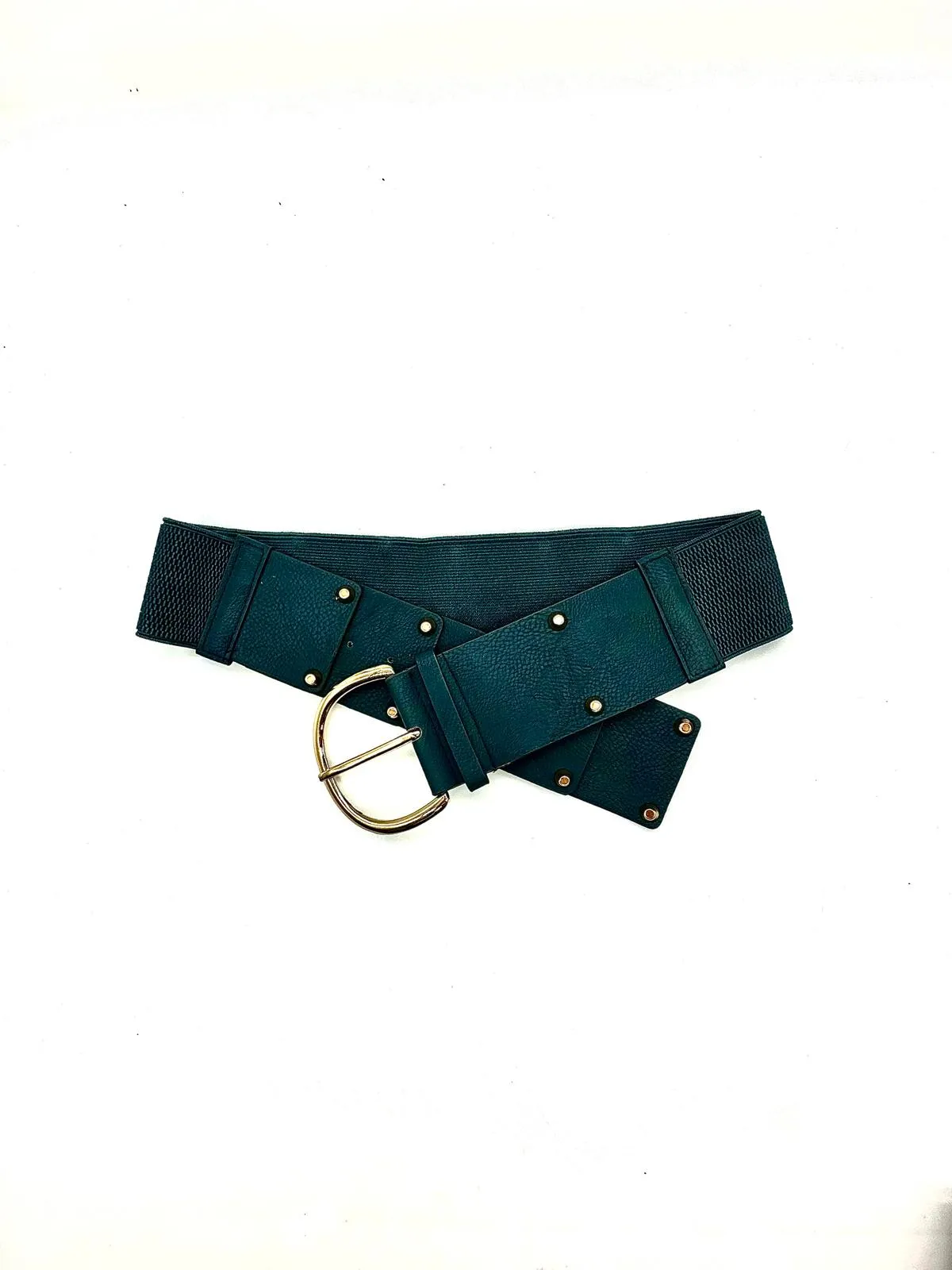 Women Blue Faux Leather Elastic Band Fashion Belt Gold Metal Buckle Studs S M