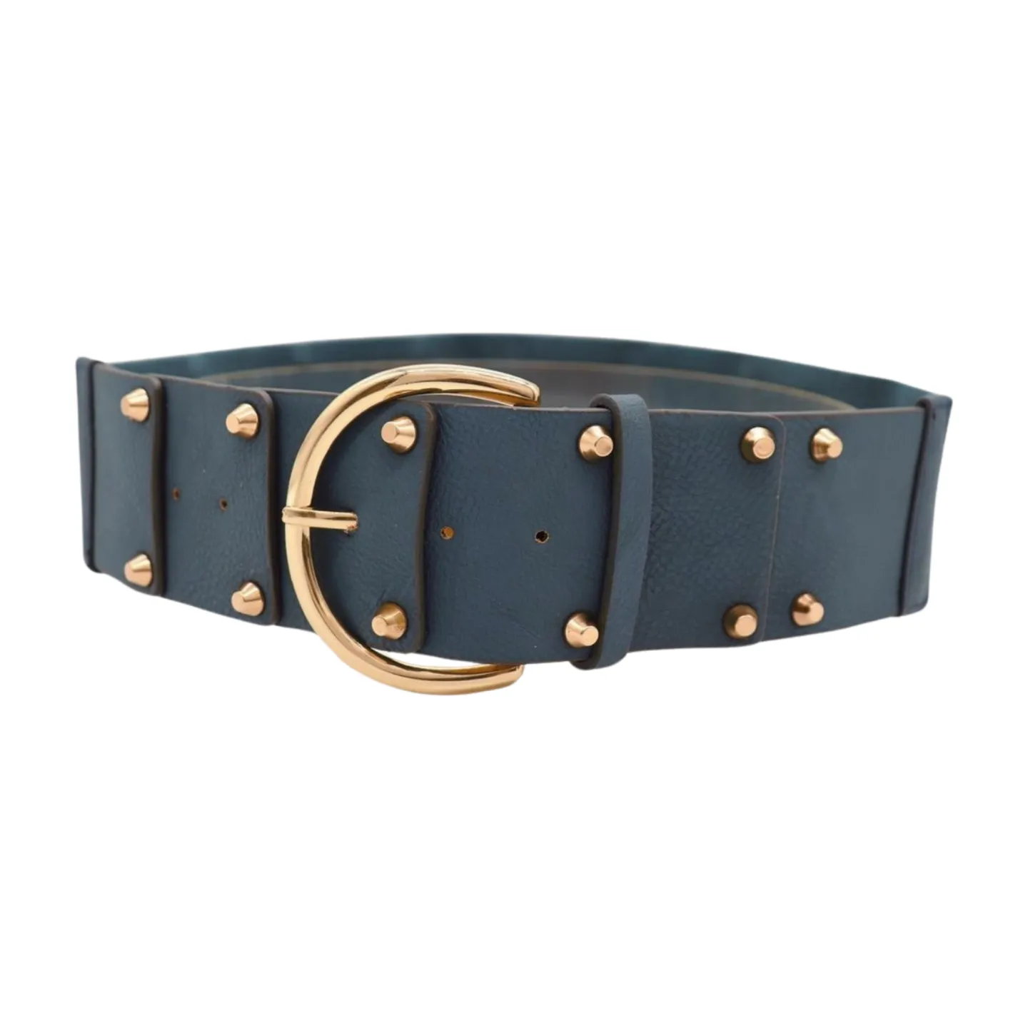 Women Blue Faux Leather Elastic Band Fashion Belt Gold Metal Buckle Studs S M