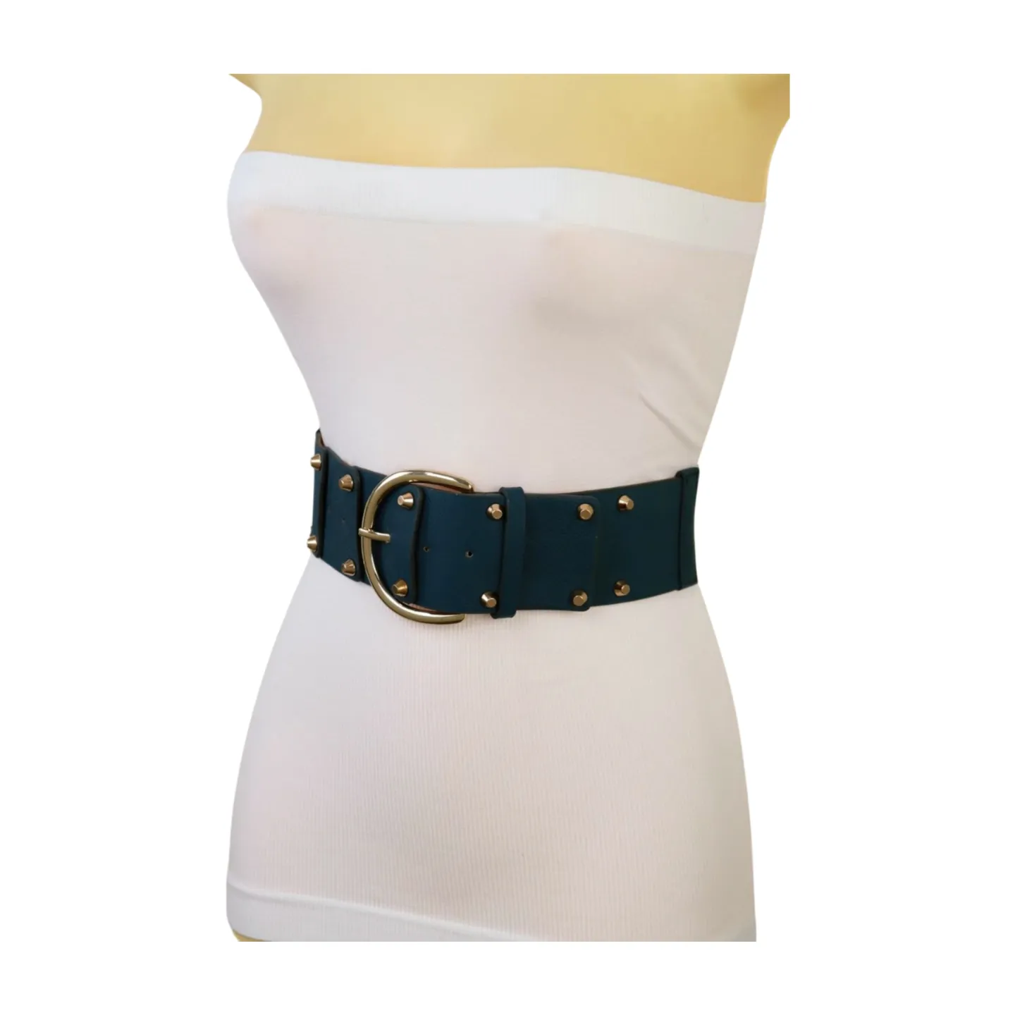 Women Blue Faux Leather Elastic Band Fashion Belt Gold Metal Buckle Studs S M