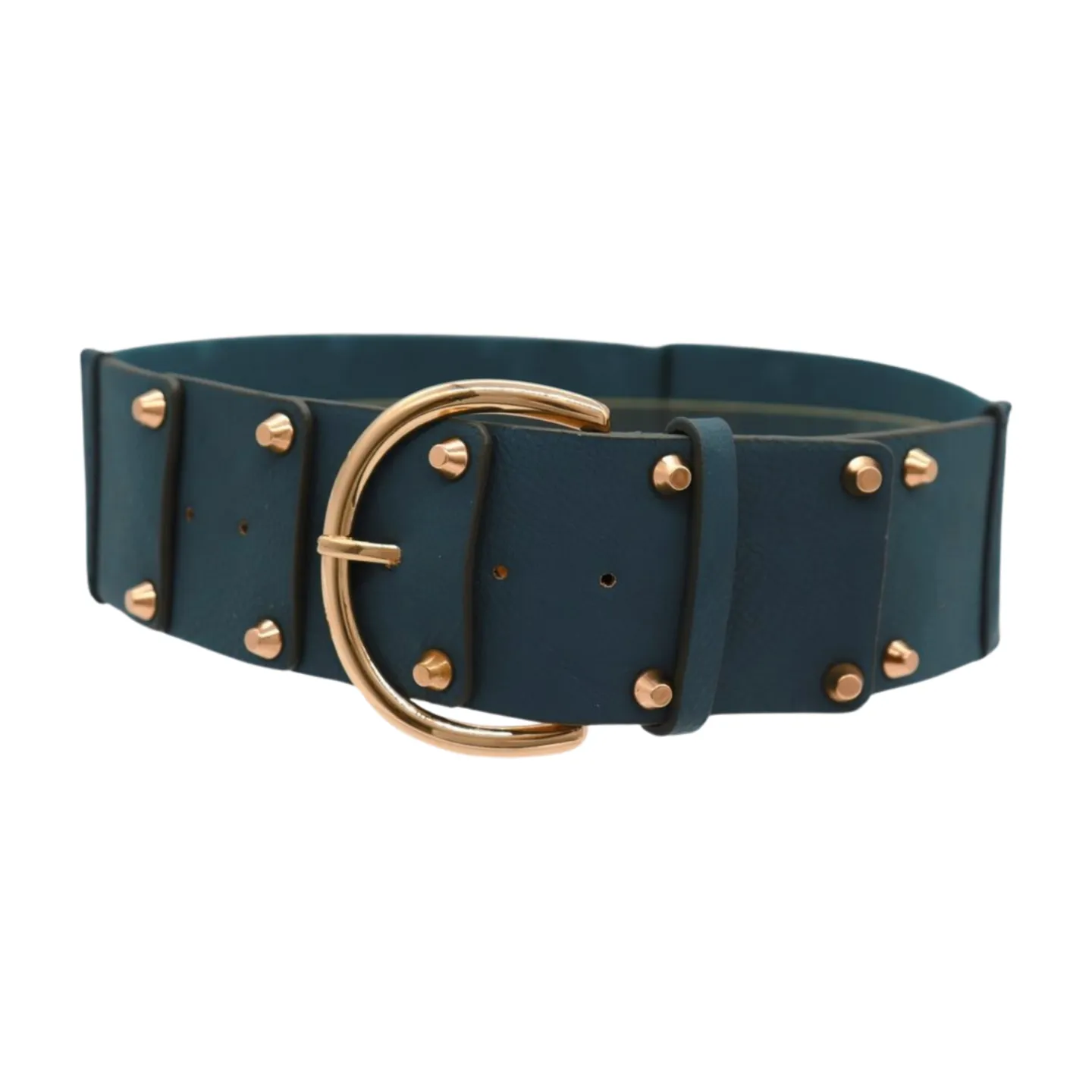 Women Blue Faux Leather Elastic Band Fashion Belt Gold Metal Buckle Studs S M
