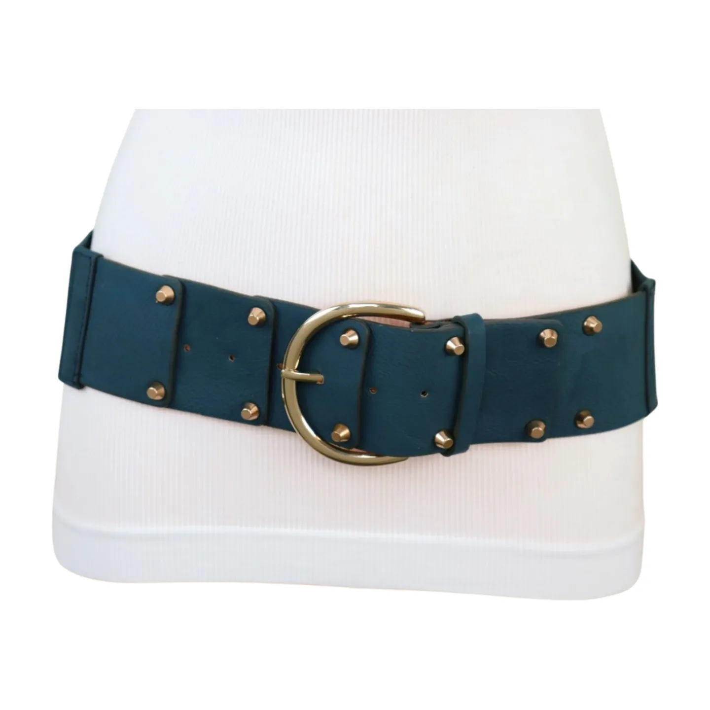 Women Blue Faux Leather Elastic Band Fashion Belt Gold Metal Buckle Studs S M