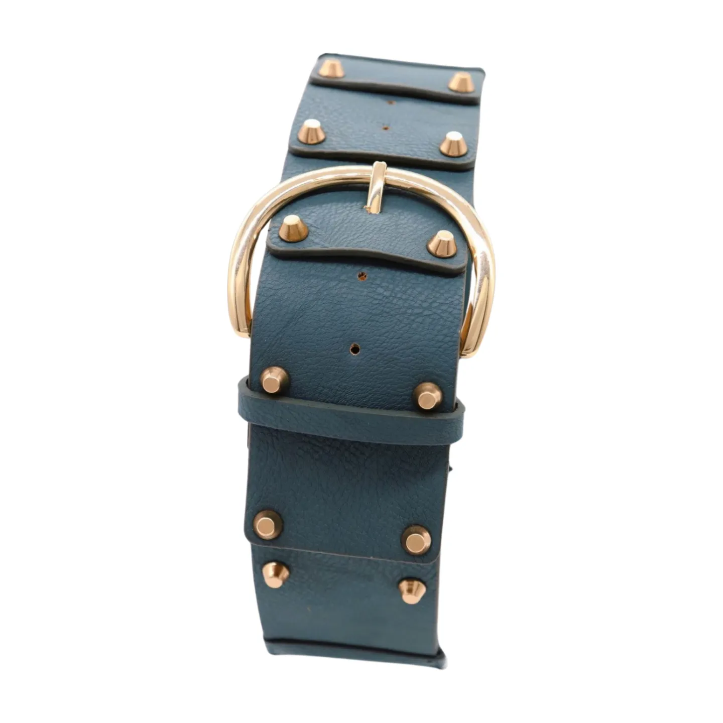 Women Blue Faux Leather Elastic Band Fashion Belt Gold Metal Buckle Studs S M