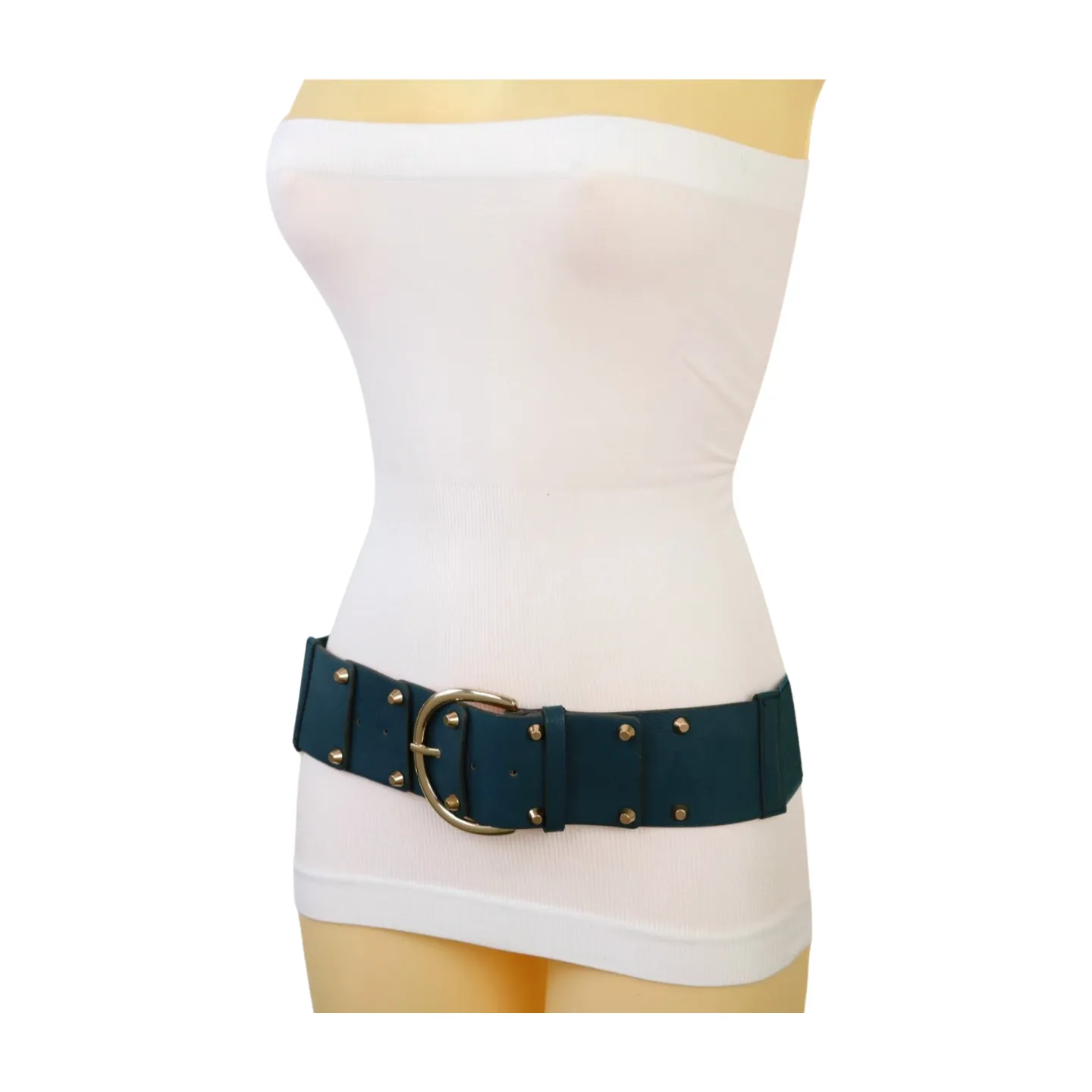 Women Blue Faux Leather Elastic Band Fashion Belt Gold Metal Buckle Studs S M