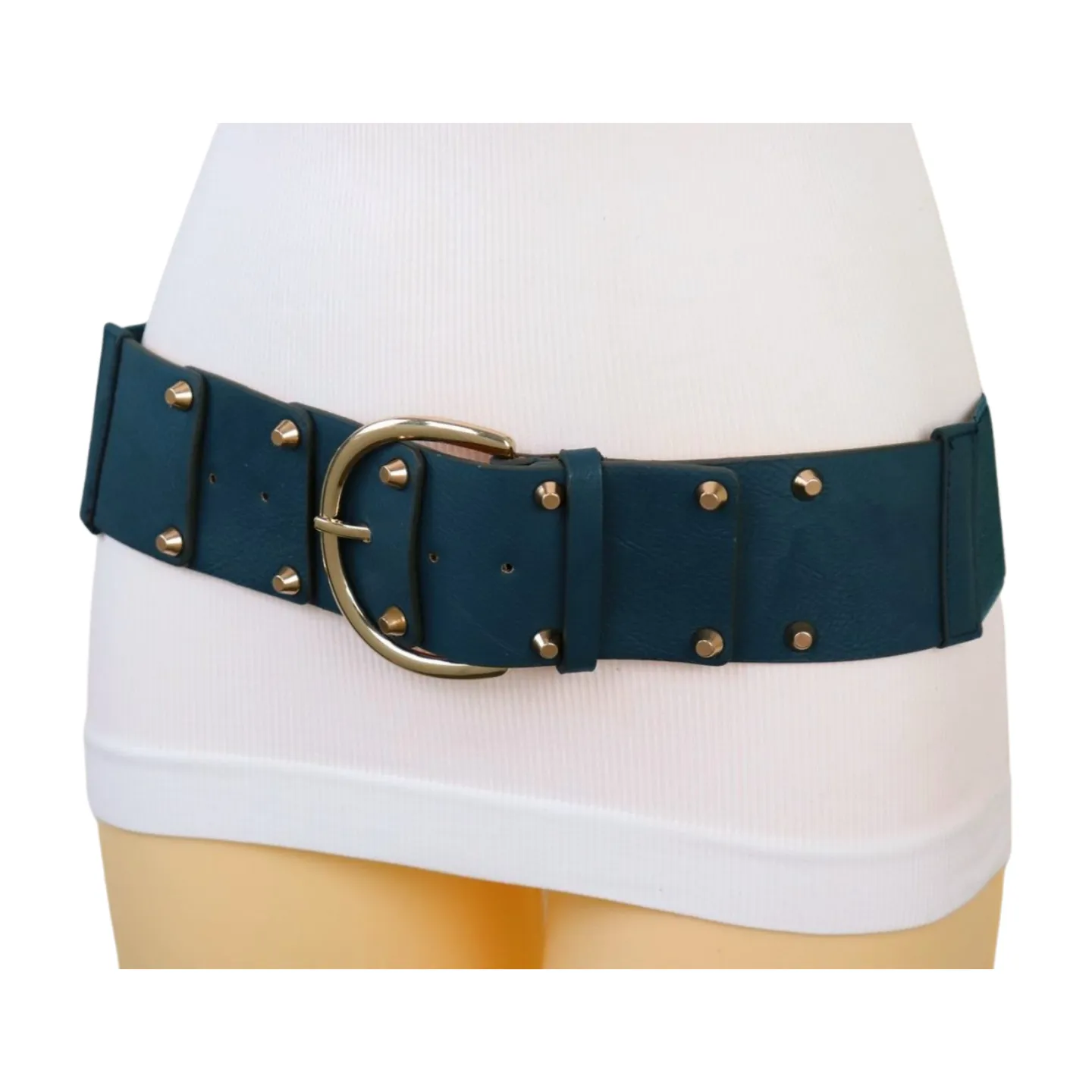 Women Blue Faux Leather Elastic Band Fashion Belt Gold Metal Buckle Studs S M