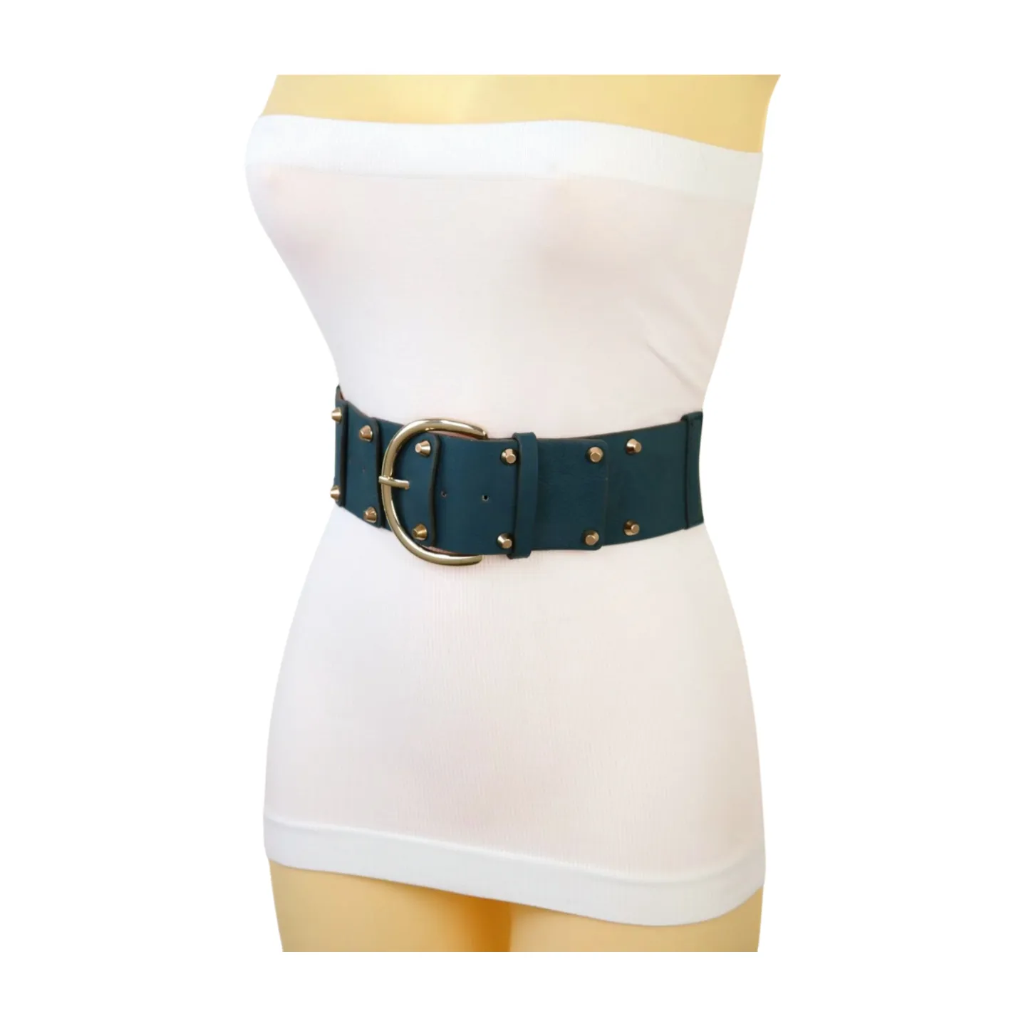 Women Blue Faux Leather Elastic Band Fashion Belt Gold Metal Buckle Studs S M