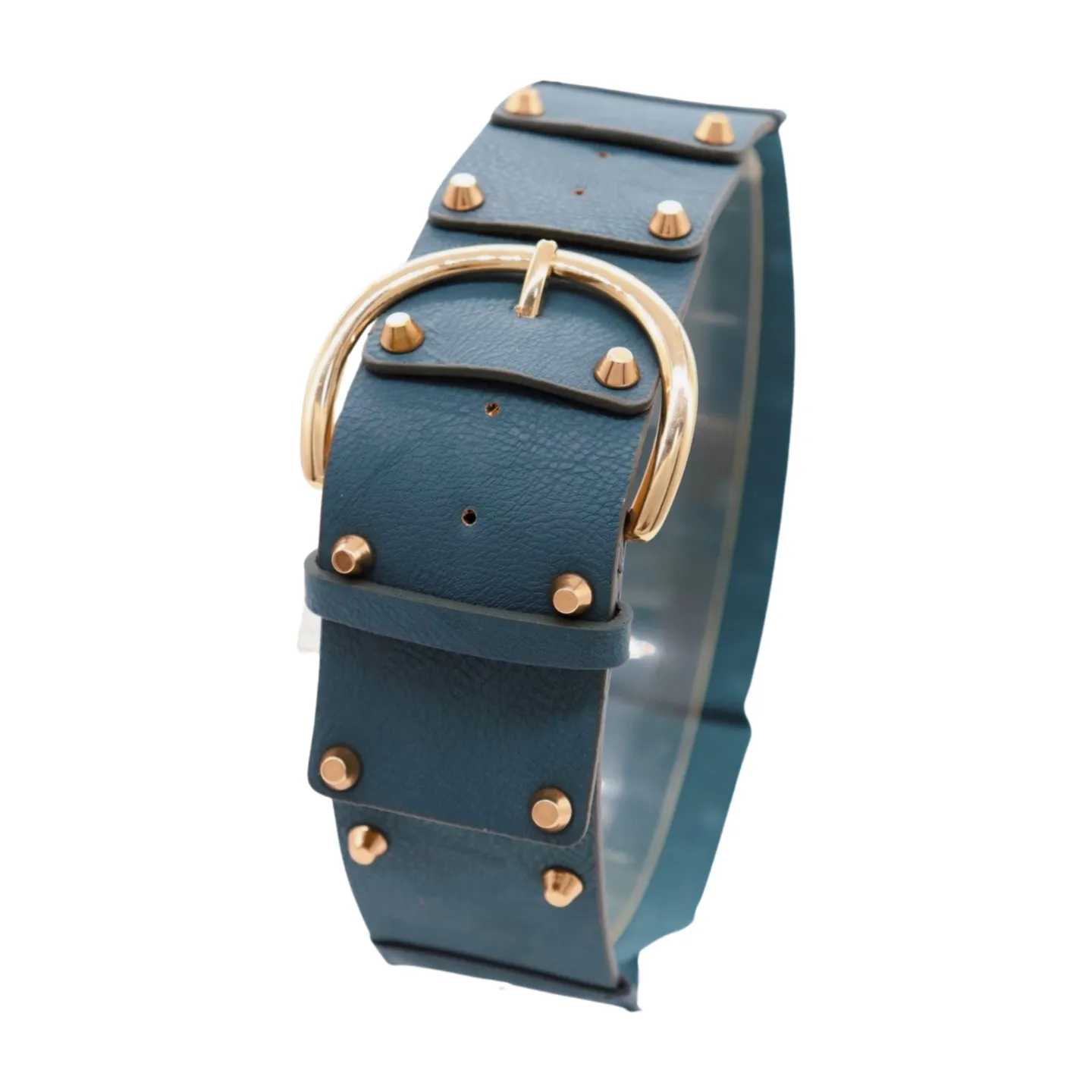 Women Blue Faux Leather Elastic Band Fashion Belt Gold Metal Buckle Studs S M
