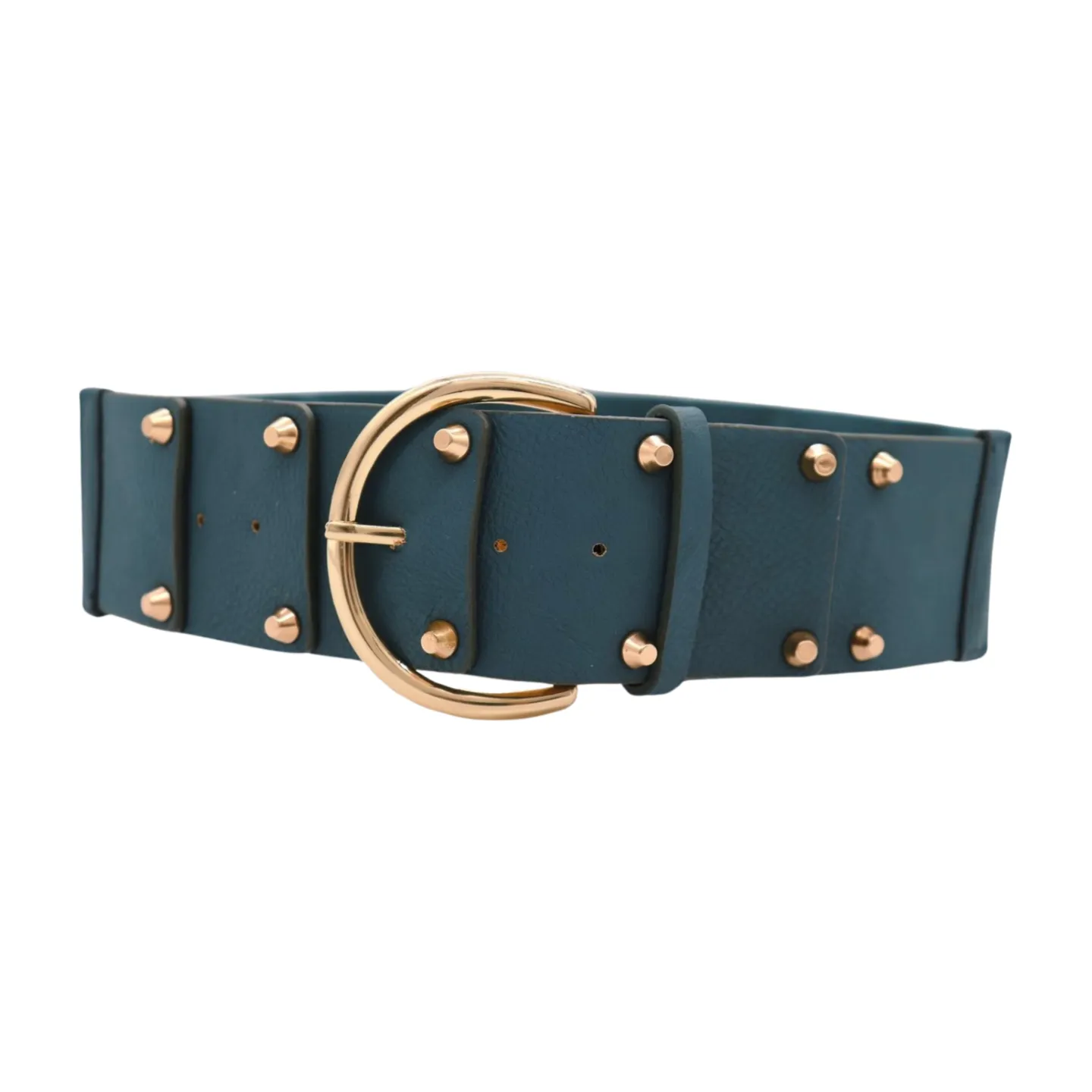 Women Blue Faux Leather Elastic Band Fashion Belt Gold Metal Buckle Studs S M