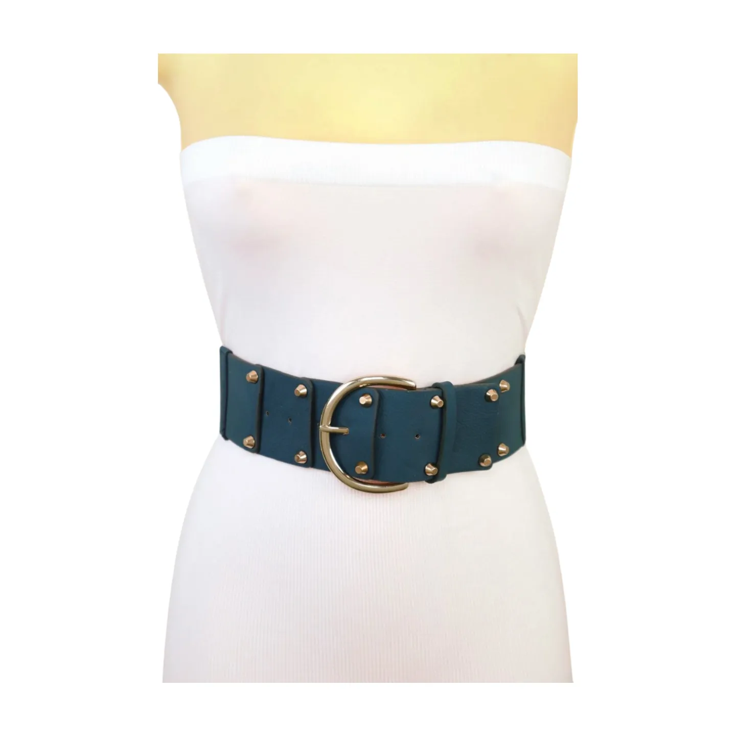 Women Blue Faux Leather Elastic Band Fashion Belt Gold Metal Buckle Studs S M