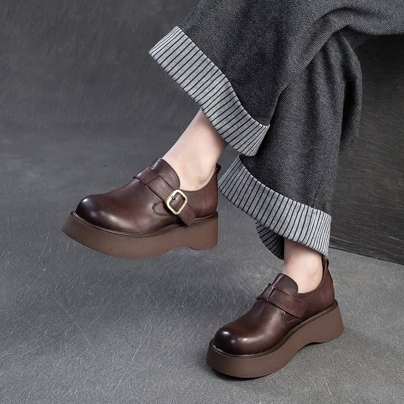 Women Retro Solid Soft Leather Round Head Loafers