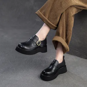 Women Retro Solid Soft Leather Round Head Loafers
