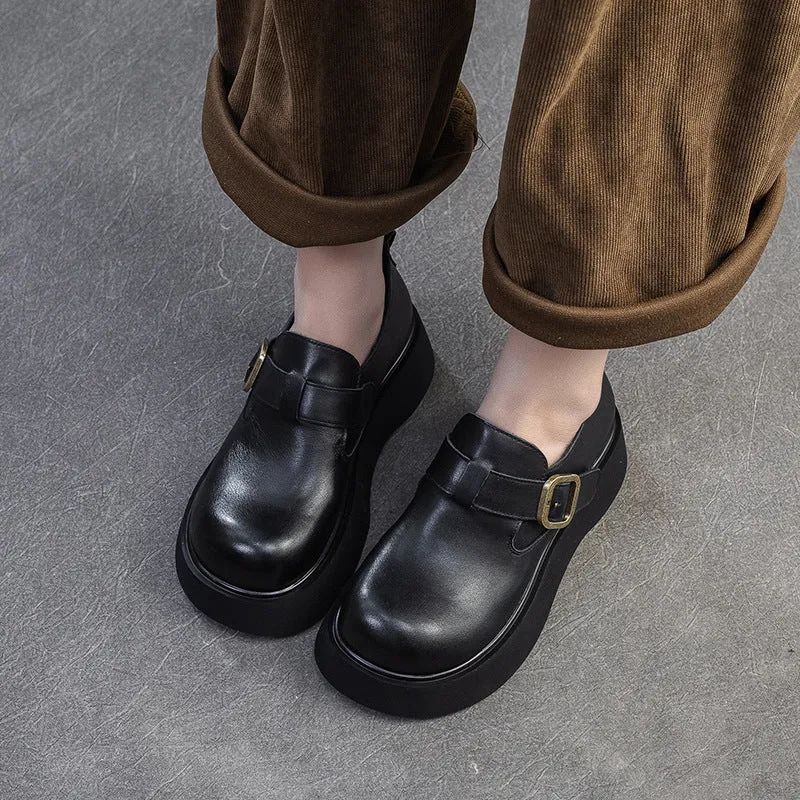 Women Retro Solid Soft Leather Round Head Loafers