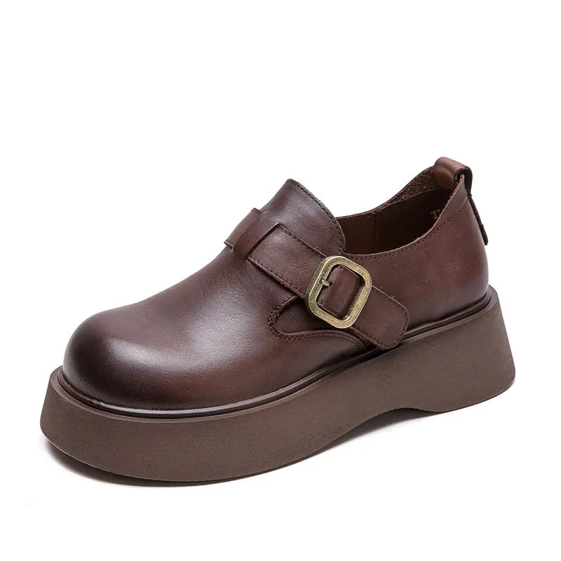 Women Retro Solid Soft Leather Round Head Loafers