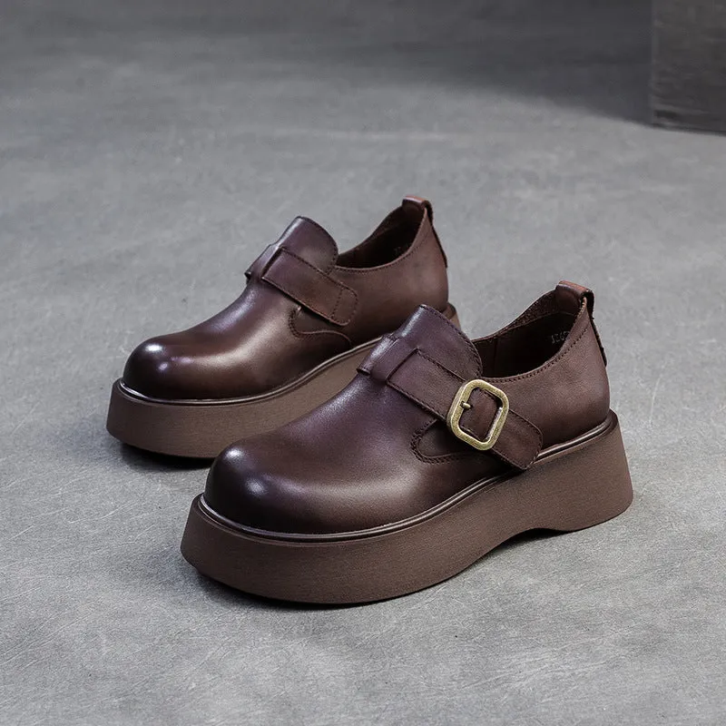 Women Retro Solid Soft Leather Round Head Loafers