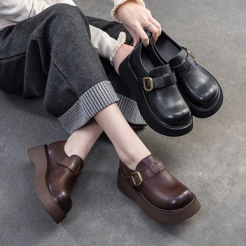 Women Retro Solid Soft Leather Round Head Loafers