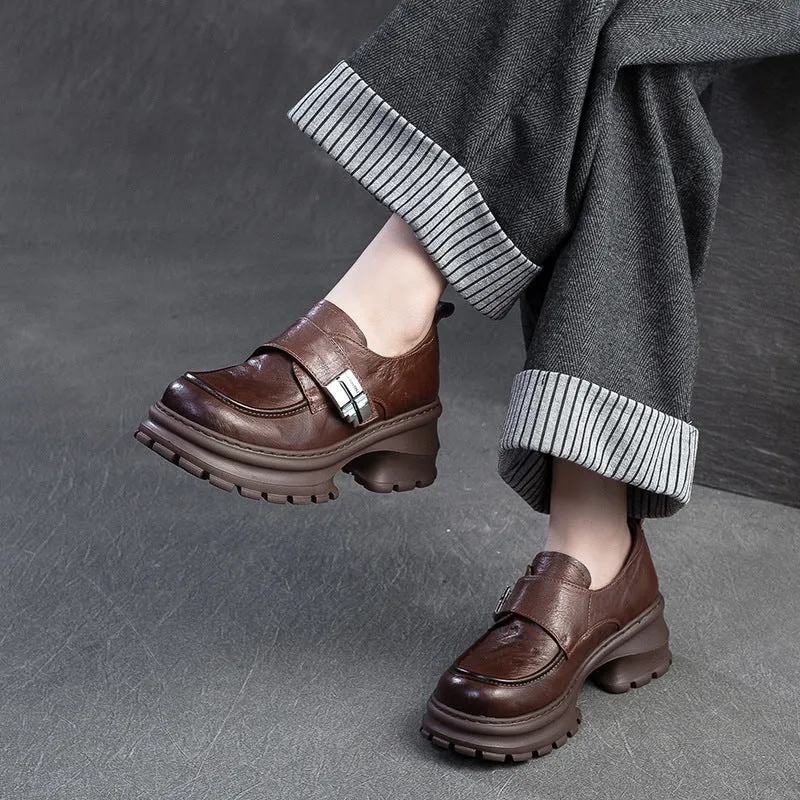 Women Vintage Leather Velcro Tape Chunky Heel Loafers