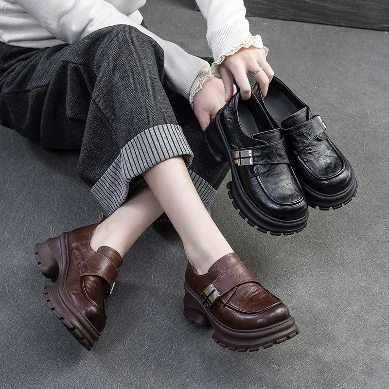 Women Vintage Leather Velcro Tape Chunky Heel Loafers
