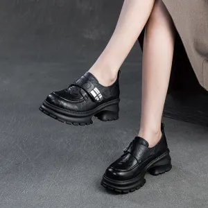 Women Vintage Leather Velcro Tape Chunky Heel Loafers