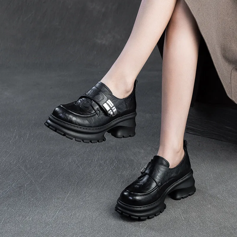 Women Vintage Leather Velcro Tape Chunky Heel Loafers