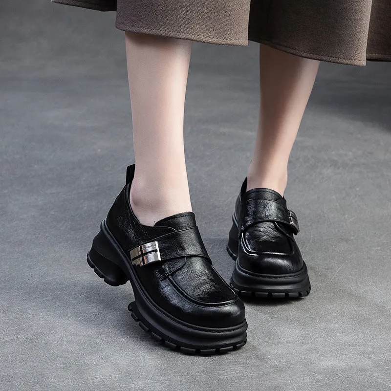 Women Vintage Leather Velcro Tape Chunky Heel Loafers