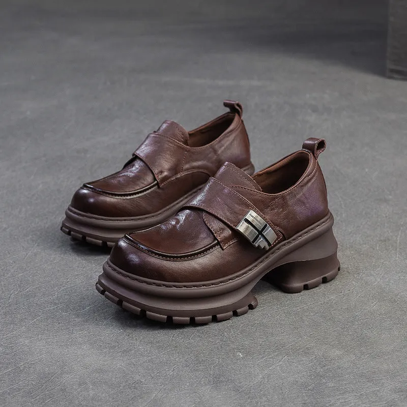 Women Vintage Leather Velcro Tape Chunky Heel Loafers
