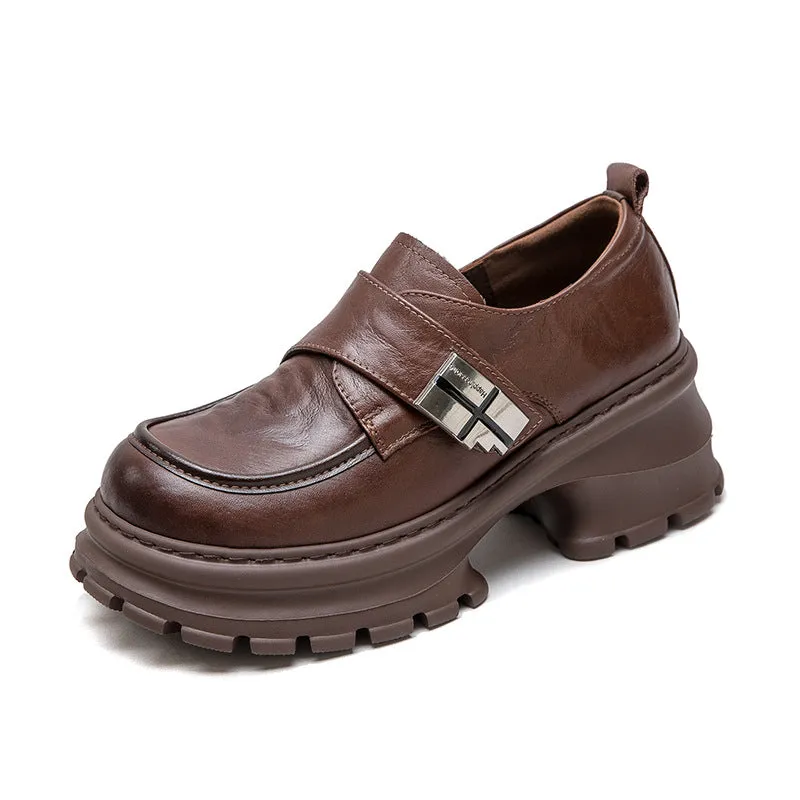 Women Vintage Leather Velcro Tape Chunky Heel Loafers