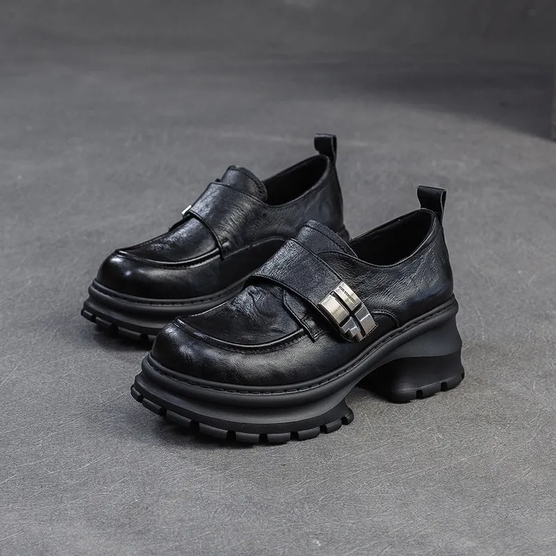 Women Vintage Leather Velcro Tape Chunky Heel Loafers