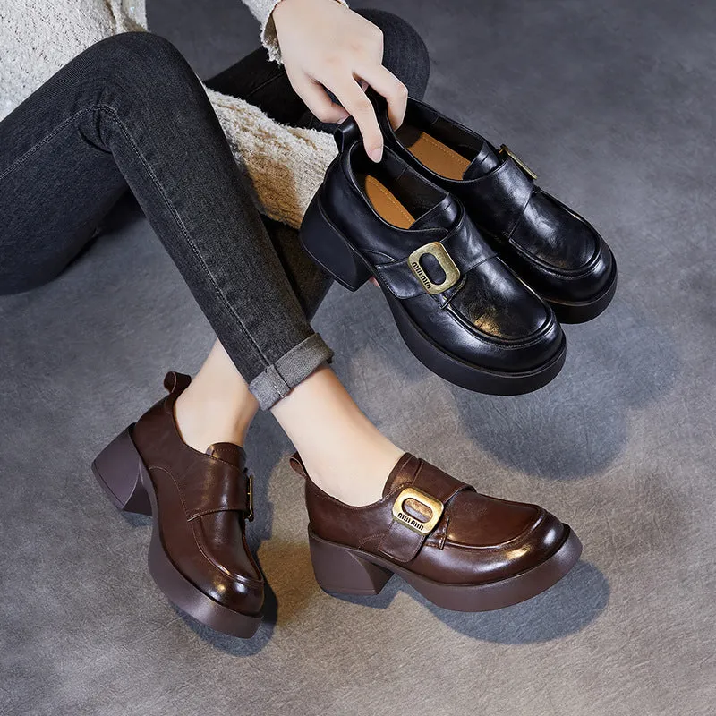 Women Vintage Soft Leather Chunky Heel Casual Loafers